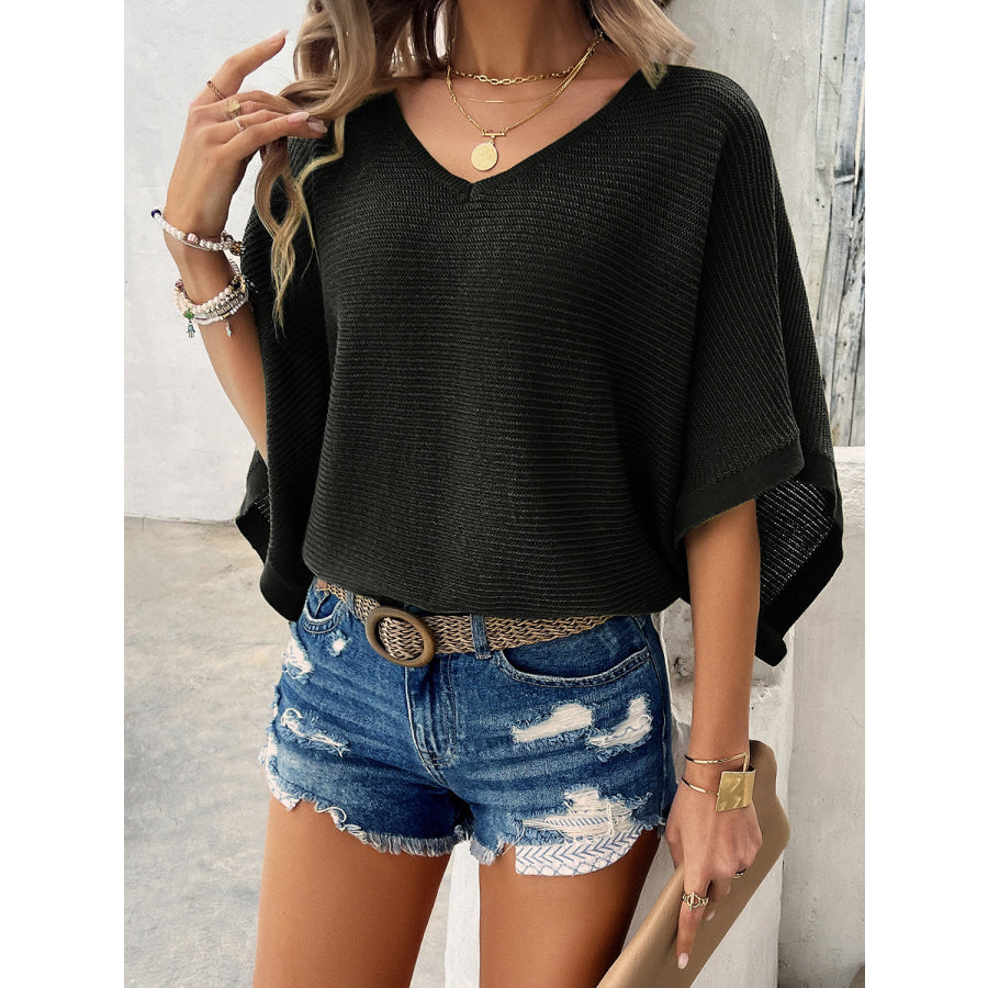 V-Neck Batwing Sleeve Knit Top Black / S Apparel and Accessories