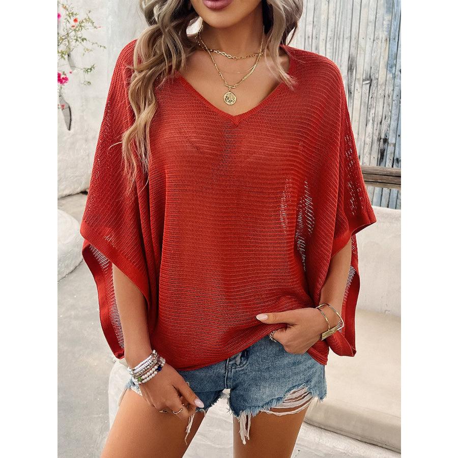 V-Neck Batwing Sleeve Knit Top Brick Red / S Apparel and Accessories