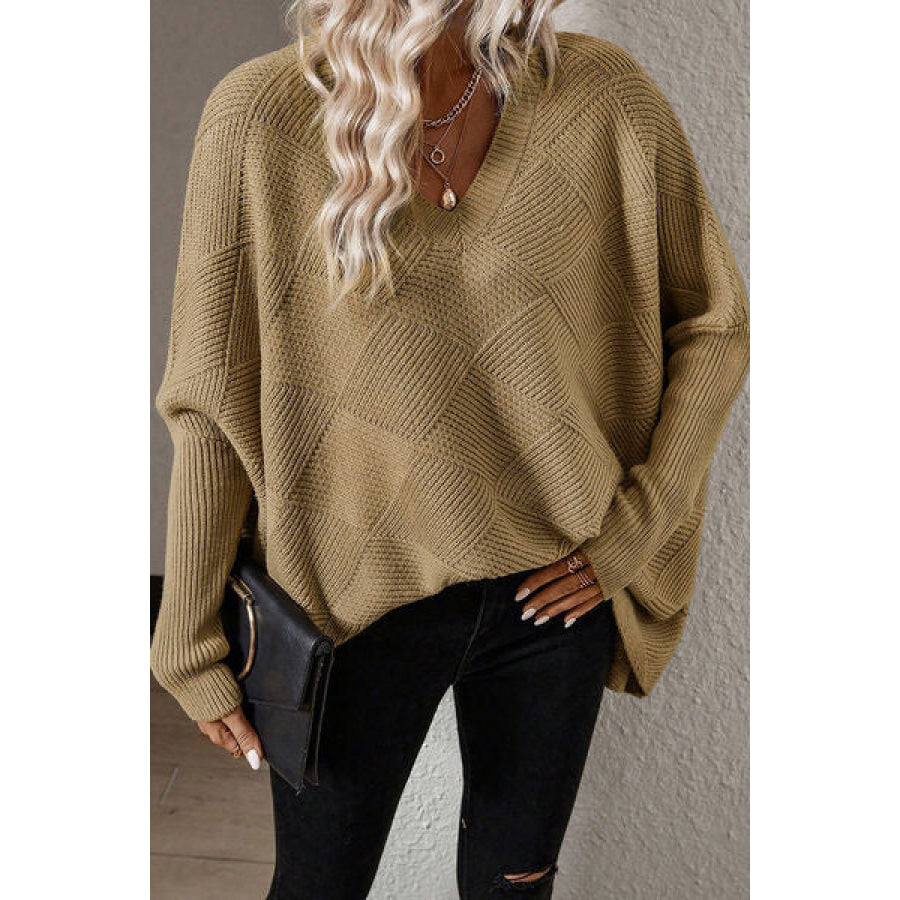 V - Neck Batwing Sleeve Pullover Sweater Khaki / S Clothing