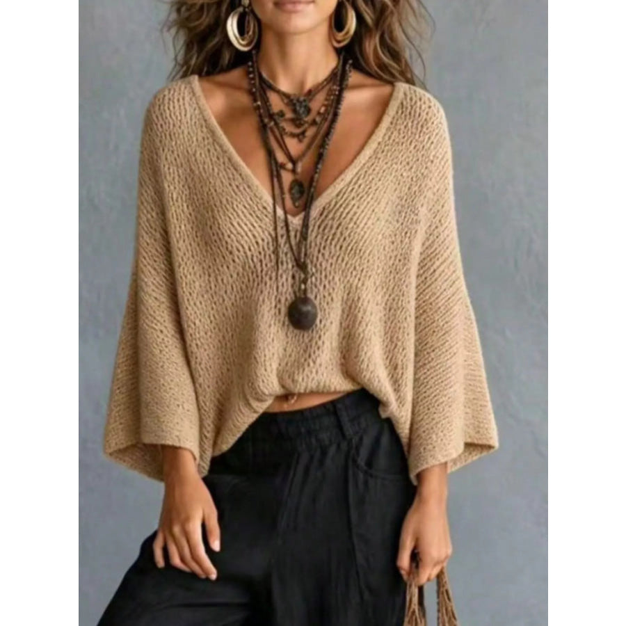 V-Neck Batwing Sleeve Sweater Khaki / S Apparel and Accessories