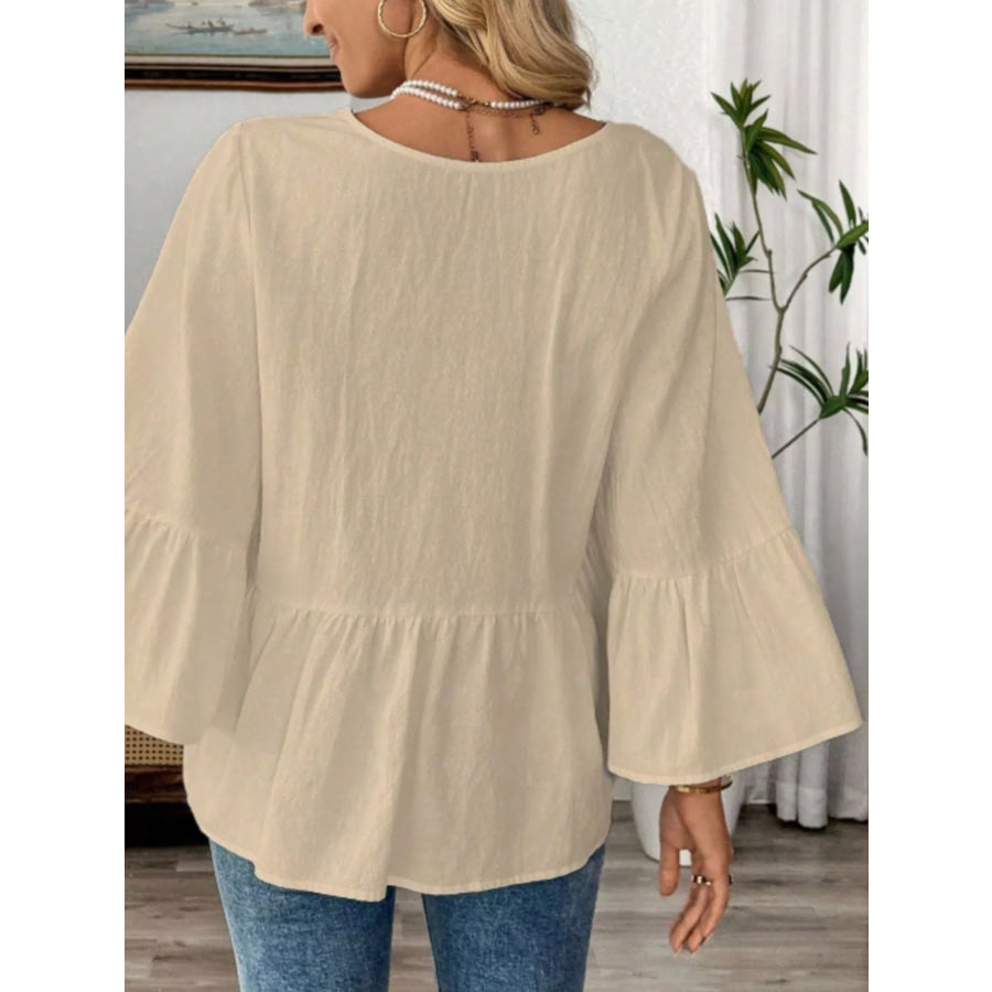 V-Neck Bell Sleeve Blouse Apparel and Accessories