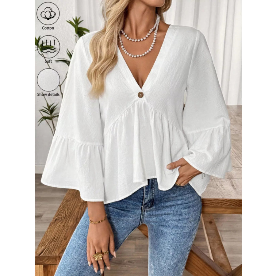 V-Neck Bell Sleeve Blouse Apparel and Accessories