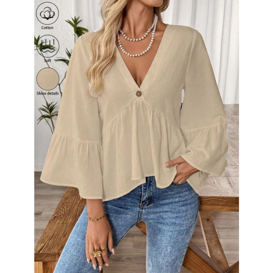 V-Neck Bell Sleeve Blouse Apparel and Accessories