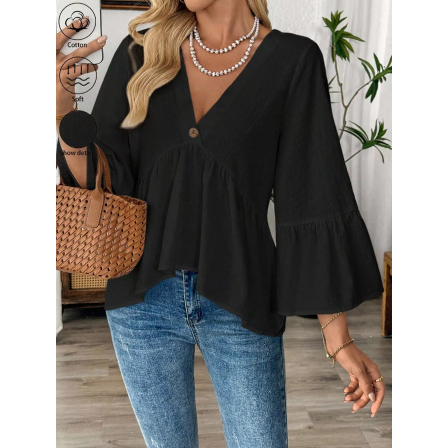 V-Neck Bell Sleeve Blouse Apparel and Accessories