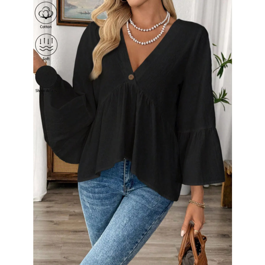 V-Neck Bell Sleeve Blouse Apparel and Accessories