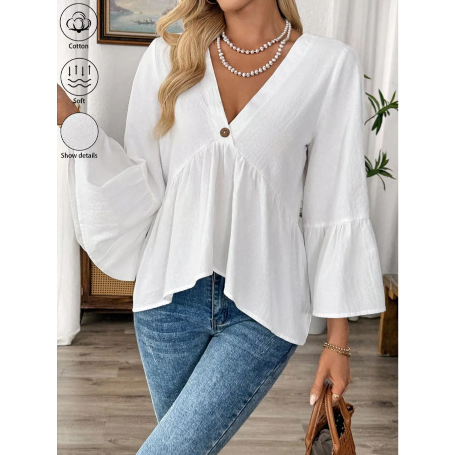 V-Neck Bell Sleeve Blouse Apparel and Accessories