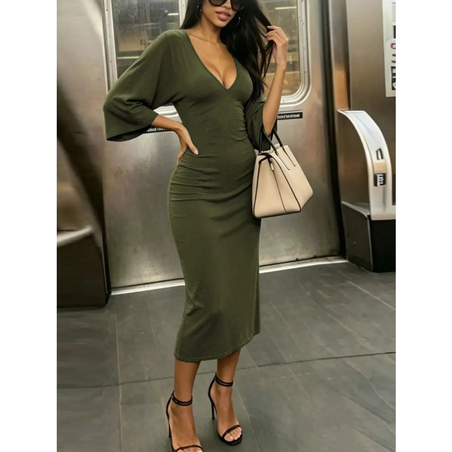 V-Neck Bodycon Midi Dress Apparel and Accessories