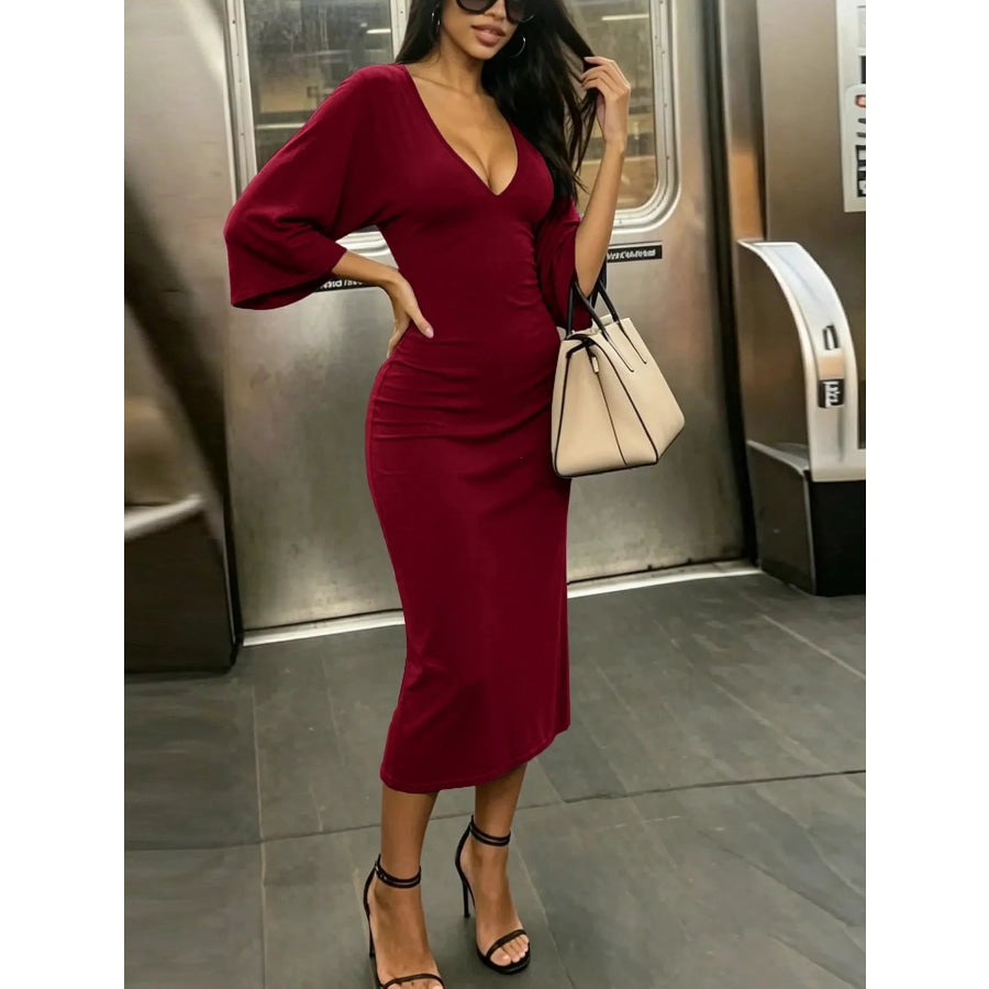 V-Neck Bodycon Midi Dress Apparel and Accessories