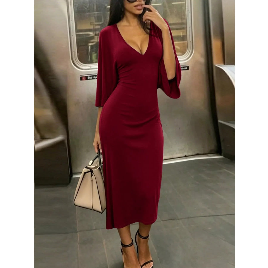 V-Neck Bodycon Midi Dress Burgundy / XS Apparel and Accessories