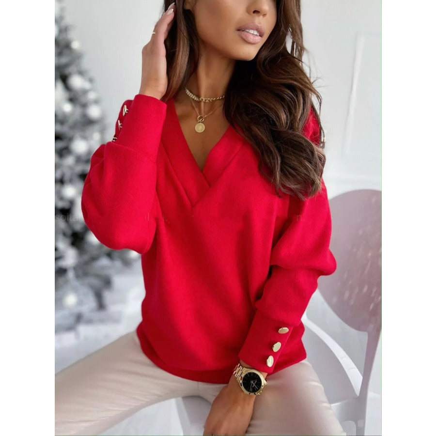 V-Neck Button Cuff Top Apparel and Accessories