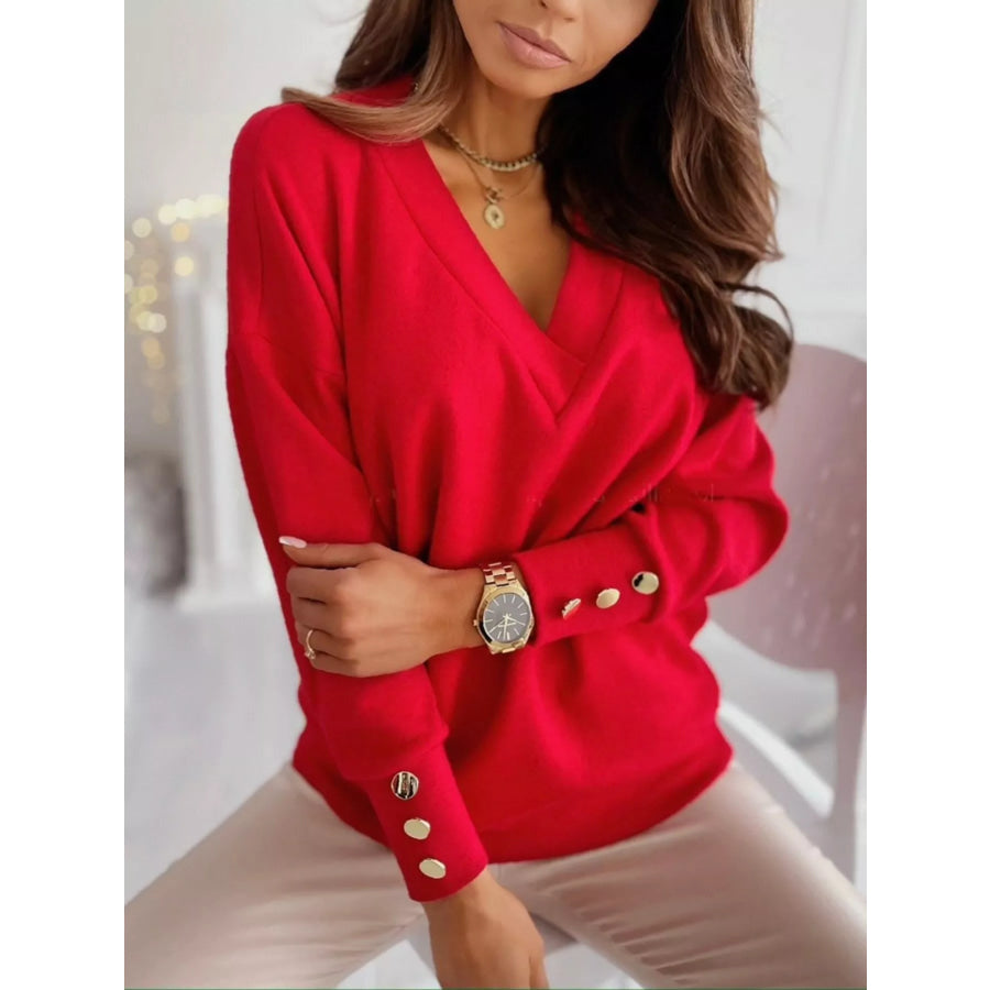 V-Neck Button Cuff Top Red / S Apparel and Accessories