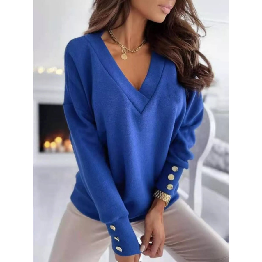 V-Neck Button Cuff Top Royal Blue / S Apparel and Accessories