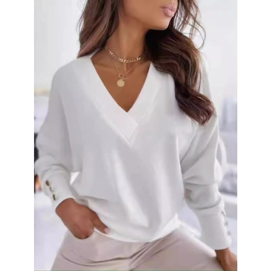 V-Neck Button Cuff Top White / S Apparel and Accessories
