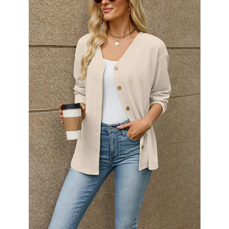 V-Neck Button-Down Cardigan Apricot / S Apparel and Accessories