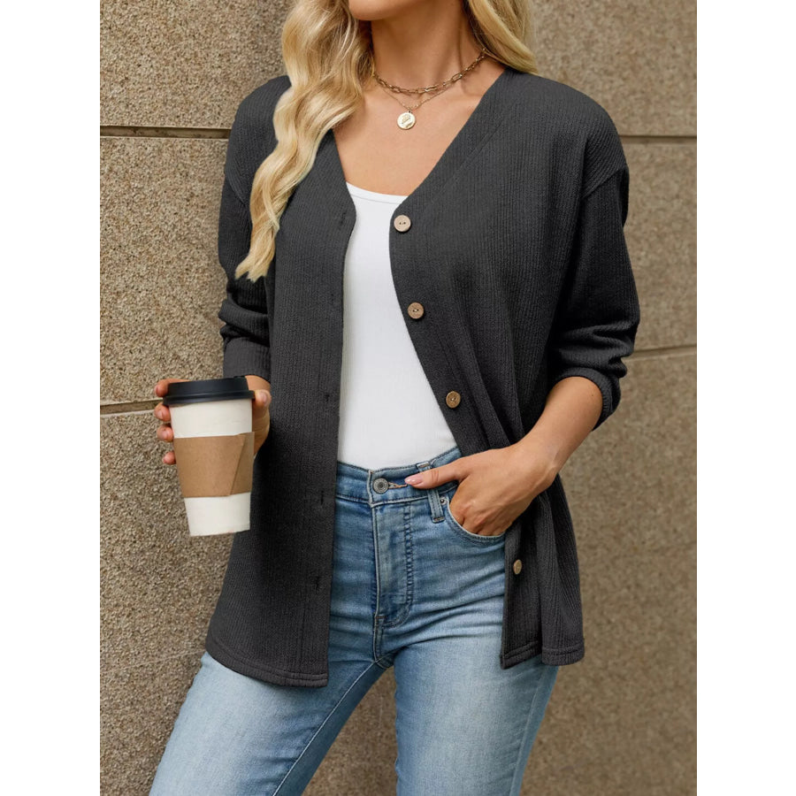 V-Neck Button-Down Cardigan Black / S Apparel and Accessories