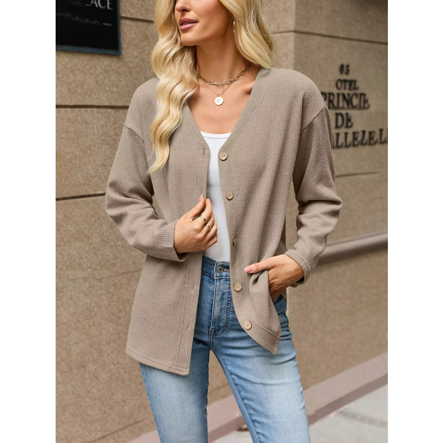 V-Neck Button-Down Cardigan Brown / S Apparel and Accessories