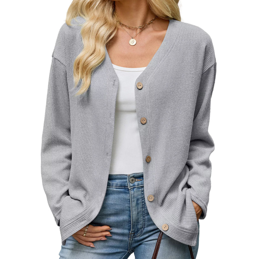 V-Neck Button-Down Cardigan Gray / S Apparel and Accessories