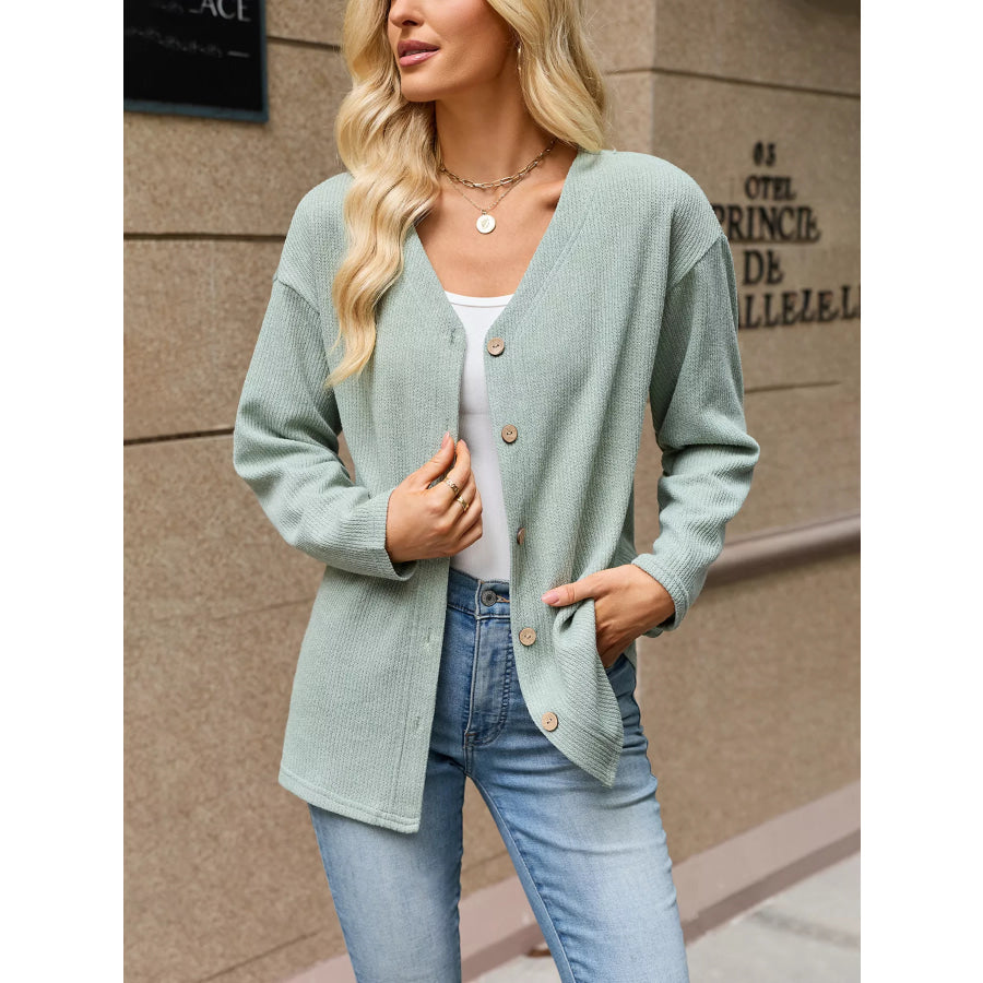 V-Neck Button-Down Cardigan Green / S Apparel and Accessories
