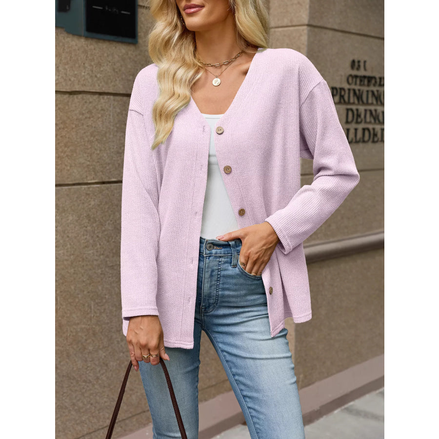 V-Neck Button-Down Cardigan Pink / S Apparel and Accessories