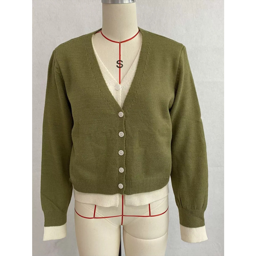 V-Neck Button-Down Contrast Layered Cardigan Apparel and Accessories