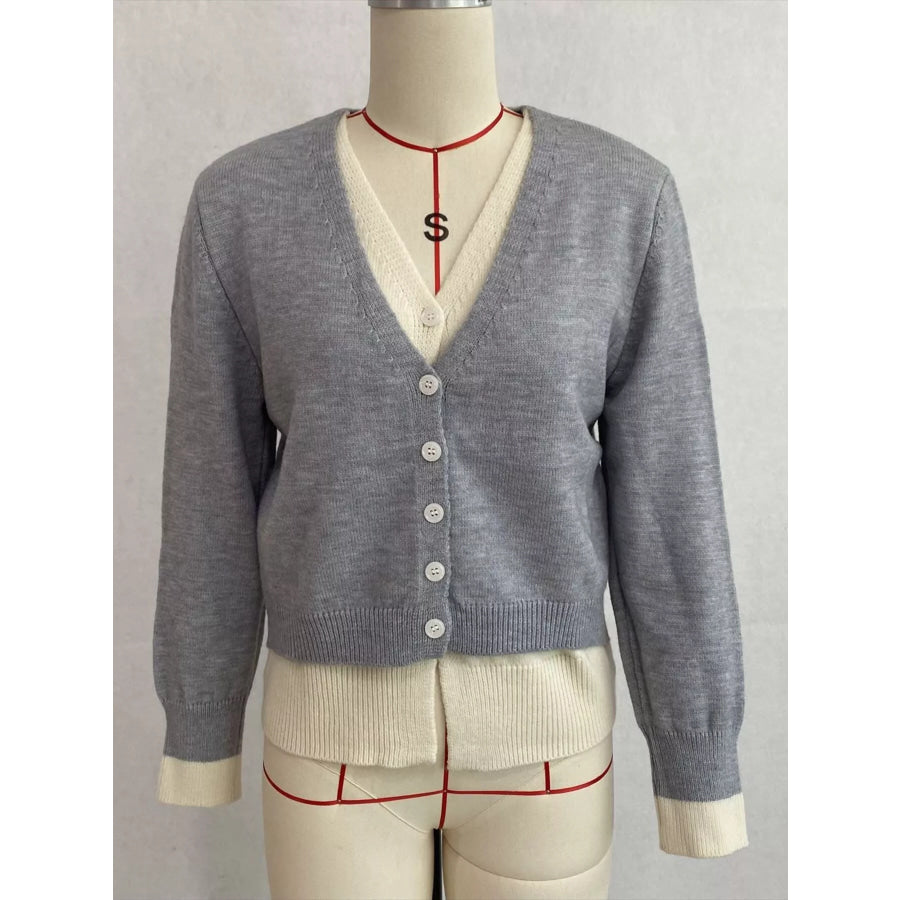 V-Neck Button-Down Contrast Layered Cardigan Apparel and Accessories