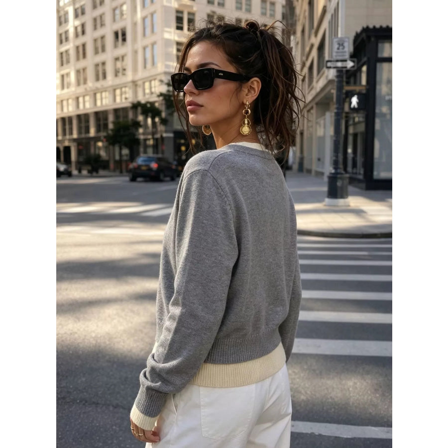 V-Neck Button-Down Contrast Layered Cardigan Apparel and Accessories