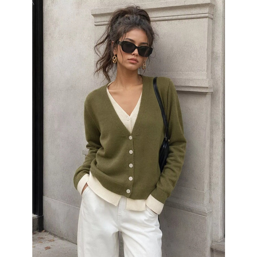 V-Neck Button-Down Contrast Layered Cardigan Apparel and Accessories