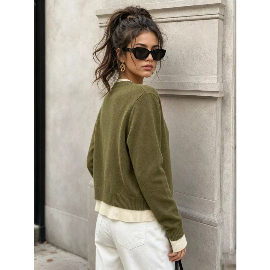 V-Neck Button-Down Contrast Layered Cardigan Apparel and Accessories