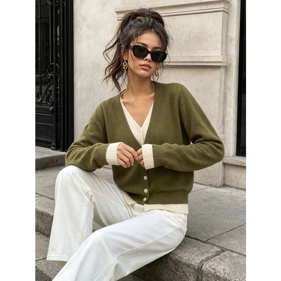V-Neck Button-Down Contrast Layered Cardigan Apparel and Accessories