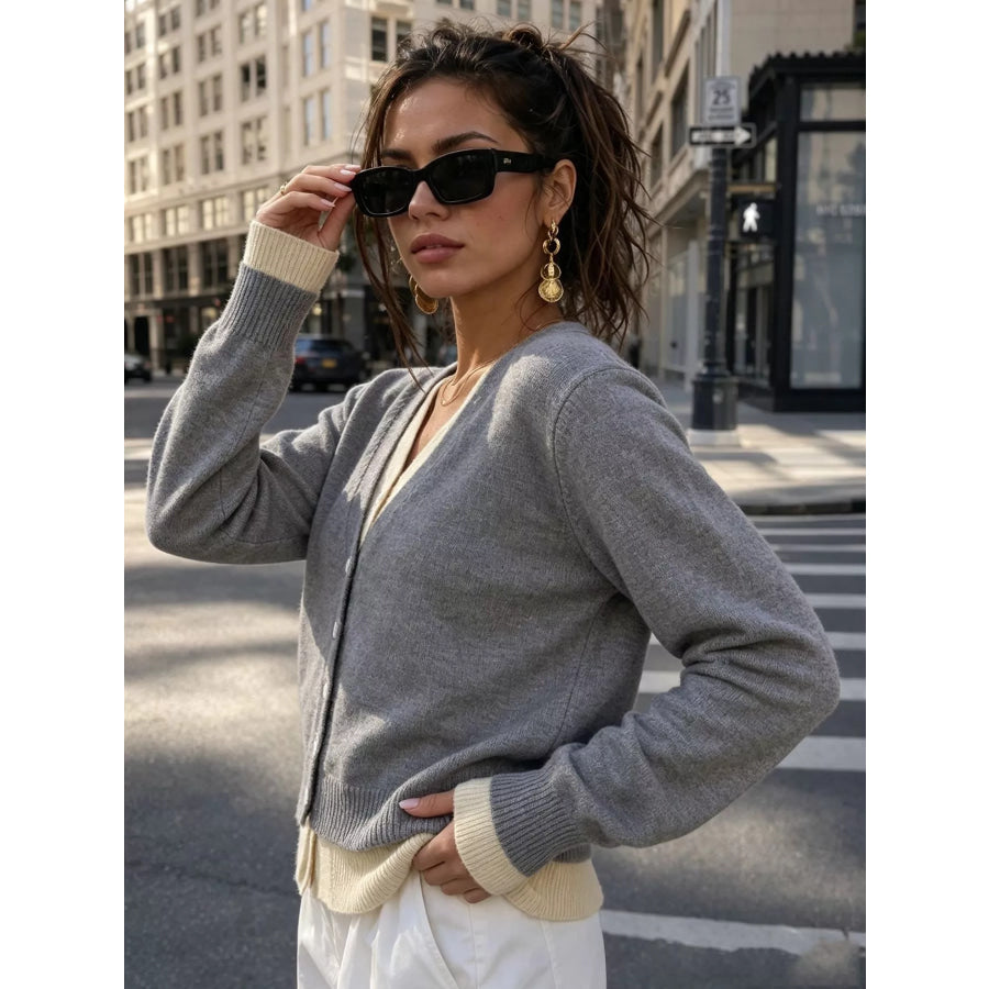 V-Neck Button-Down Contrast Layered Cardigan Apparel and Accessories
