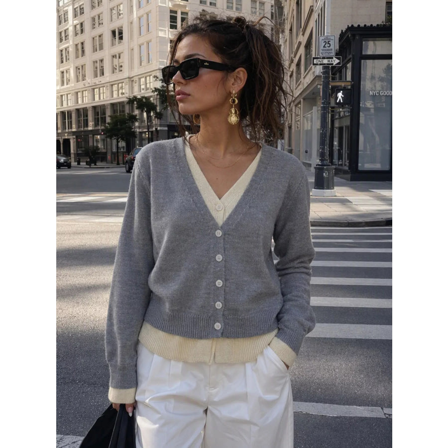 V-Neck Button-Down Contrast Layered Cardigan Apparel and Accessories