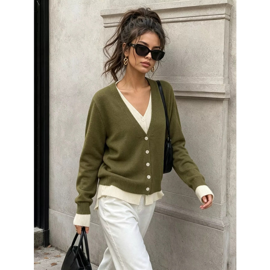 V-Neck Button-Down Contrast Layered Cardigan Apparel and Accessories