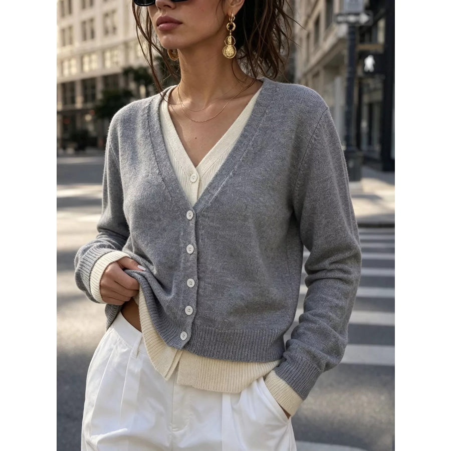 V-Neck Button-Down Contrast Layered Cardigan Gray / One Size Apparel and Accessories