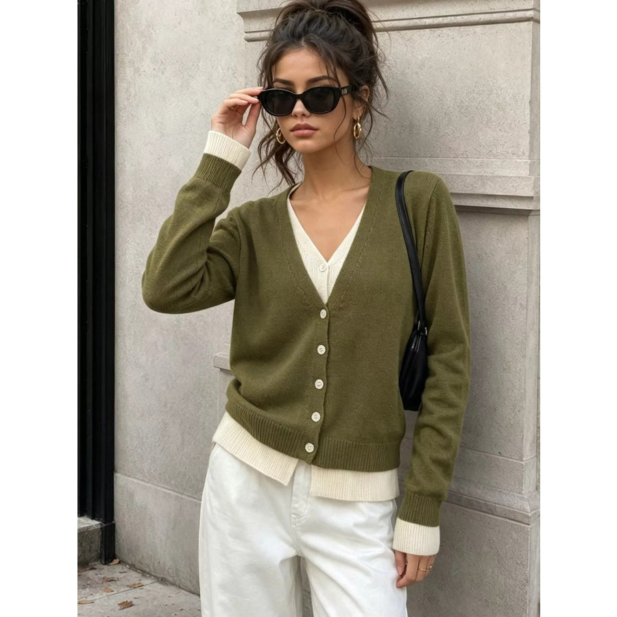 V-Neck Button-Down Contrast Layered Cardigan Green / One Size Apparel and Accessories