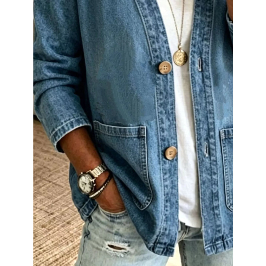 V-Neck Button-Down Denim Jacket Apparel and Accessories