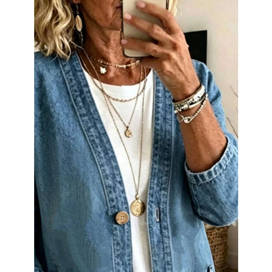 V-Neck Button-Down Denim Jacket Apparel and Accessories
