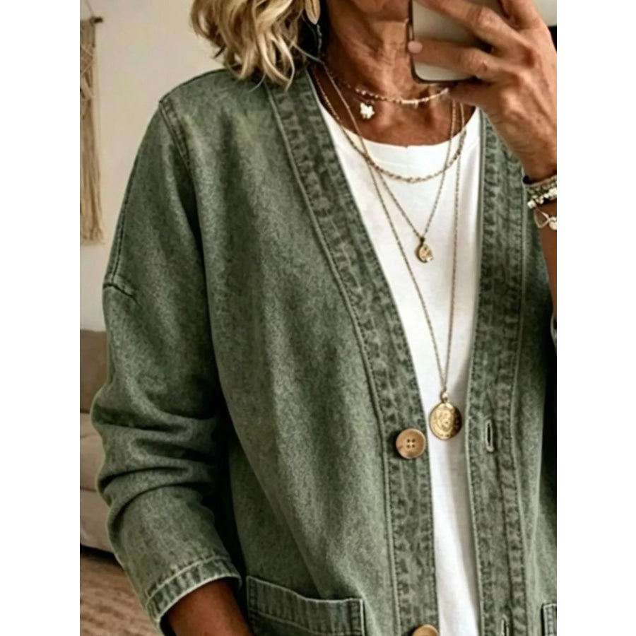 V-Neck Button-Down Denim Jacket Apparel and Accessories