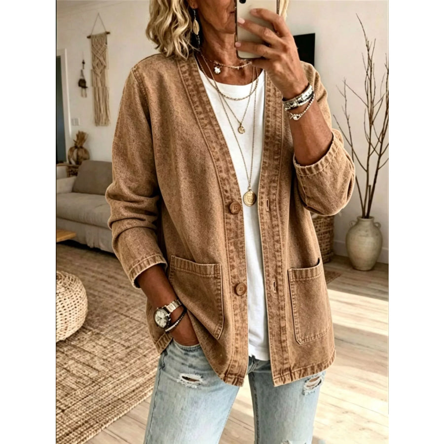 V-Neck Button-Down Denim Jacket Camel / S Apparel and Accessories