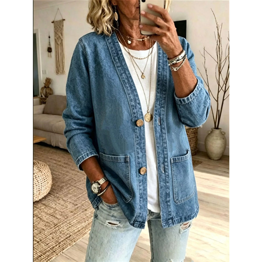 V-Neck Button-Down Denim Jacket Dusty Blue / S Apparel and Accessories