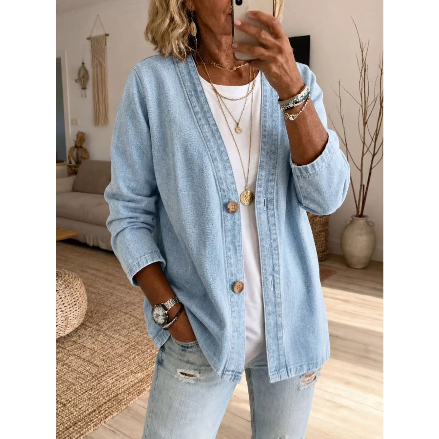 V-Neck Button-Down Denim Jacket Light Blue / S Apparel and Accessories