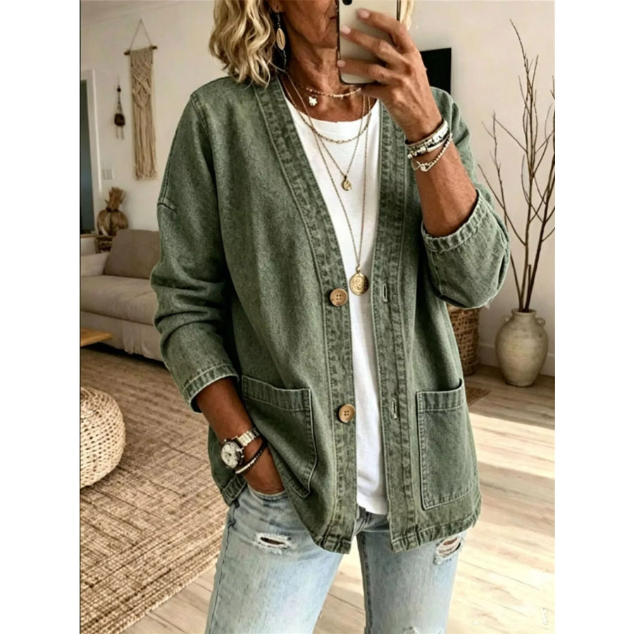V-Neck Button-Down Denim Jacket Moss / S Apparel and Accessories