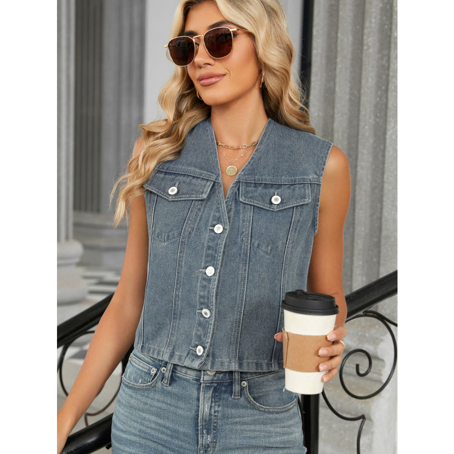 V-Neck Button Down Denim Vest Apparel and Accessories