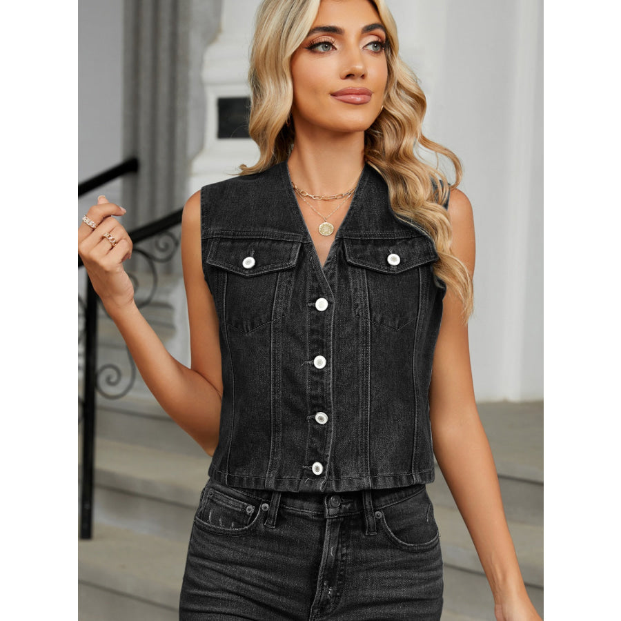 V-Neck Button Down Denim Vest Black / S Apparel and Accessories