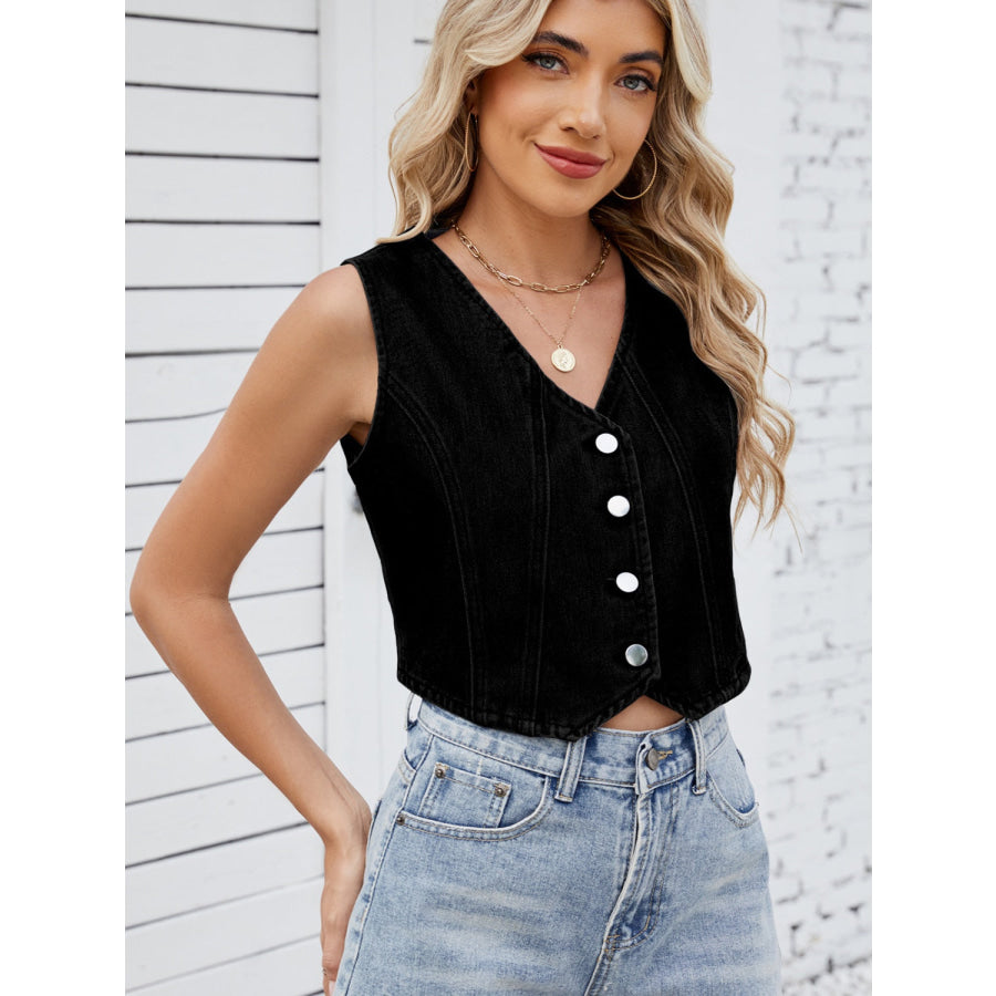 V-Neck Button Down Denim Vest Black / S Apparel and Accessories