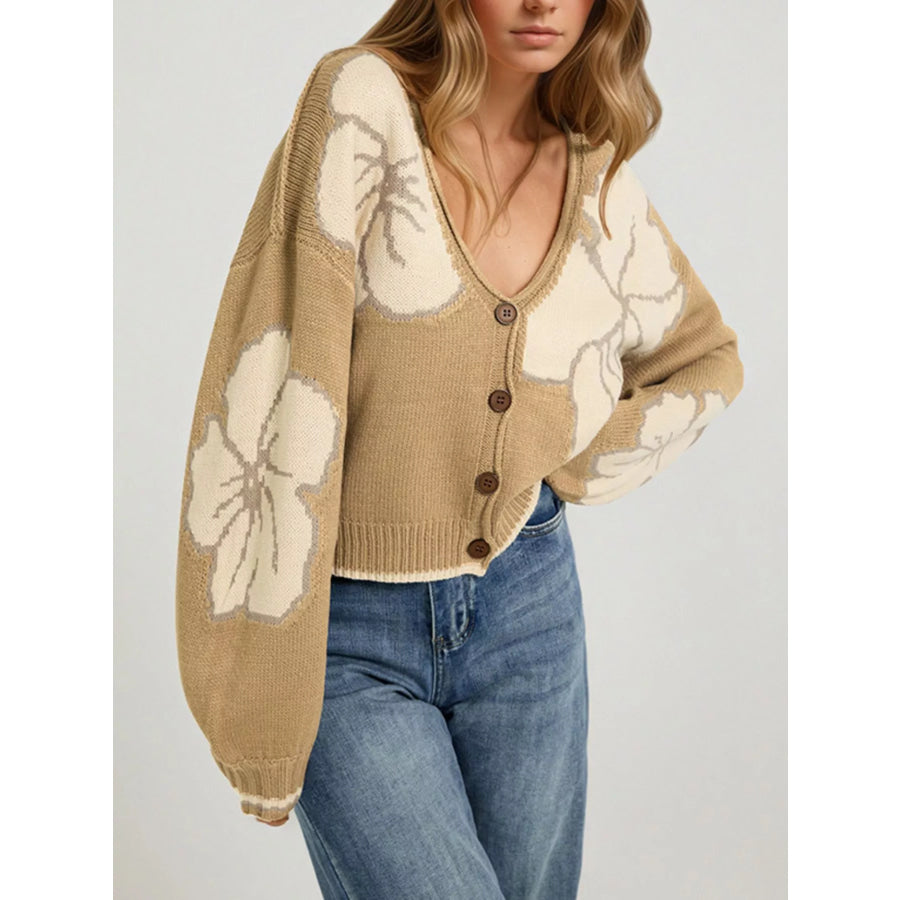 V-Neck Button-Down Knit Cardigan Khaki / S Apparel and Accessories