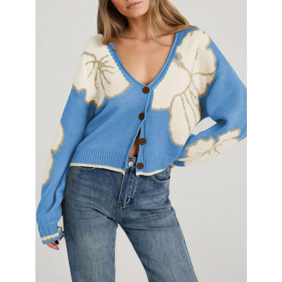 V-Neck Button-Down Knit Cardigan Blue / S Apparel and Accessories