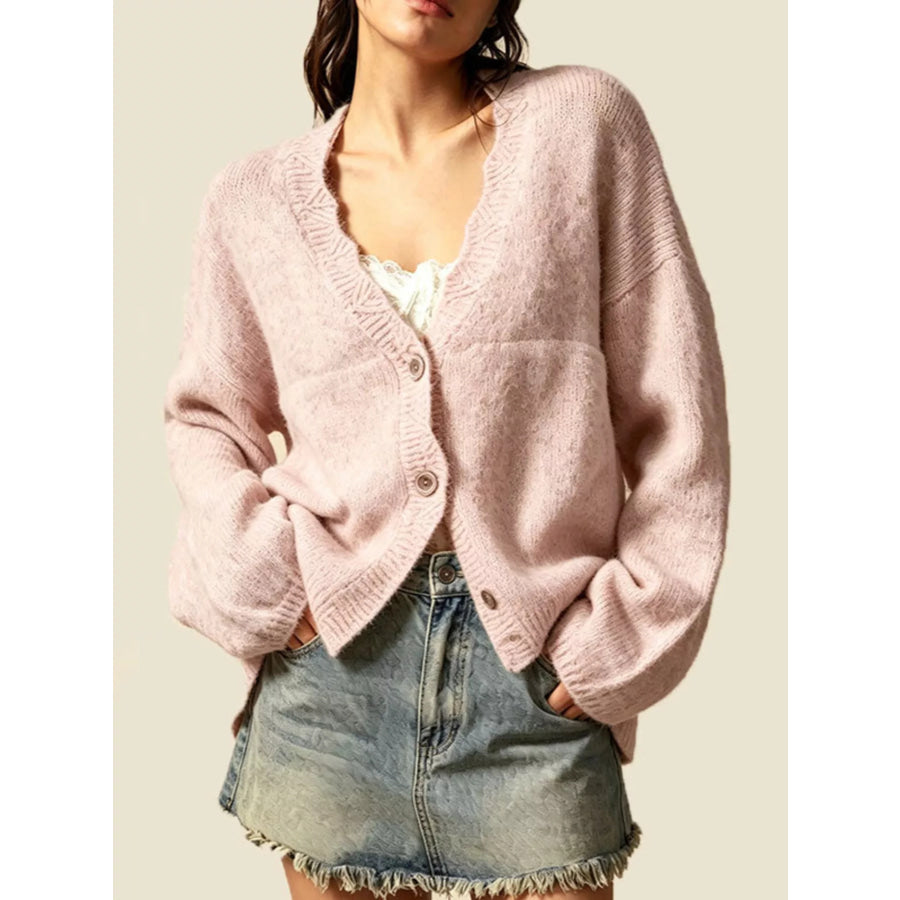 V-Neck Button-Down Knit Cardigan Blush Pink / S Apparel and Accessories