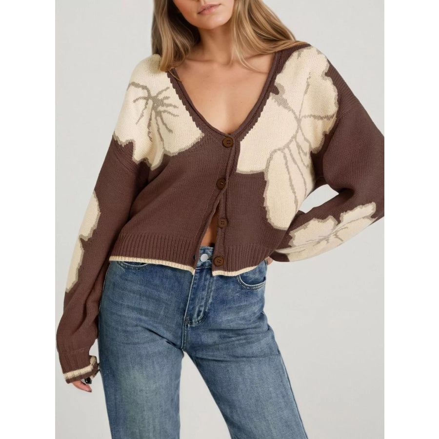 V-Neck Button-Down Knit Cardigan Brown / S Apparel and Accessories