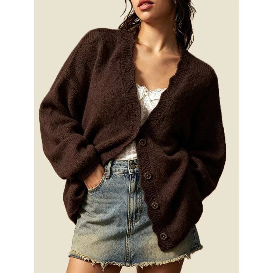 V-Neck Button-Down Knit Cardigan Dark Brown / S Apparel and Accessories