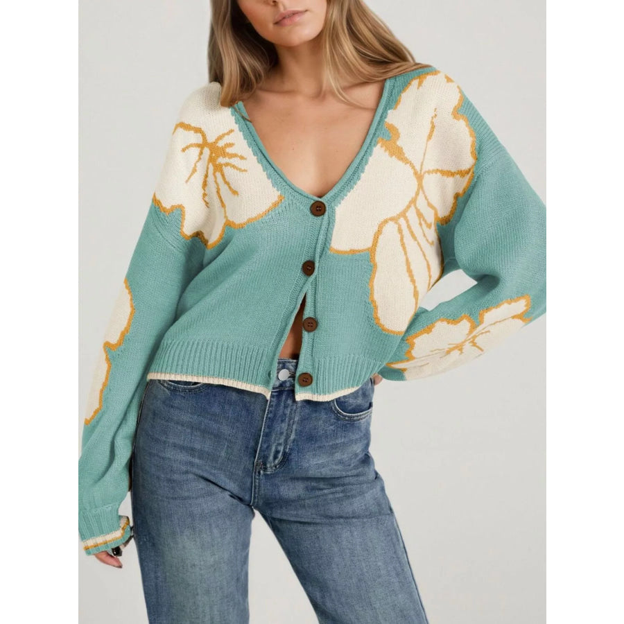 V-Neck Button-Down Knit Cardigan Green / S Apparel and Accessories